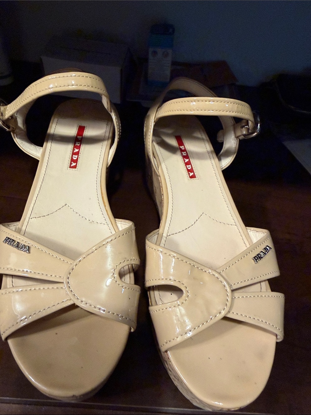 Prada Cream Patent Leather Wedge Sandals with Ankle Strap